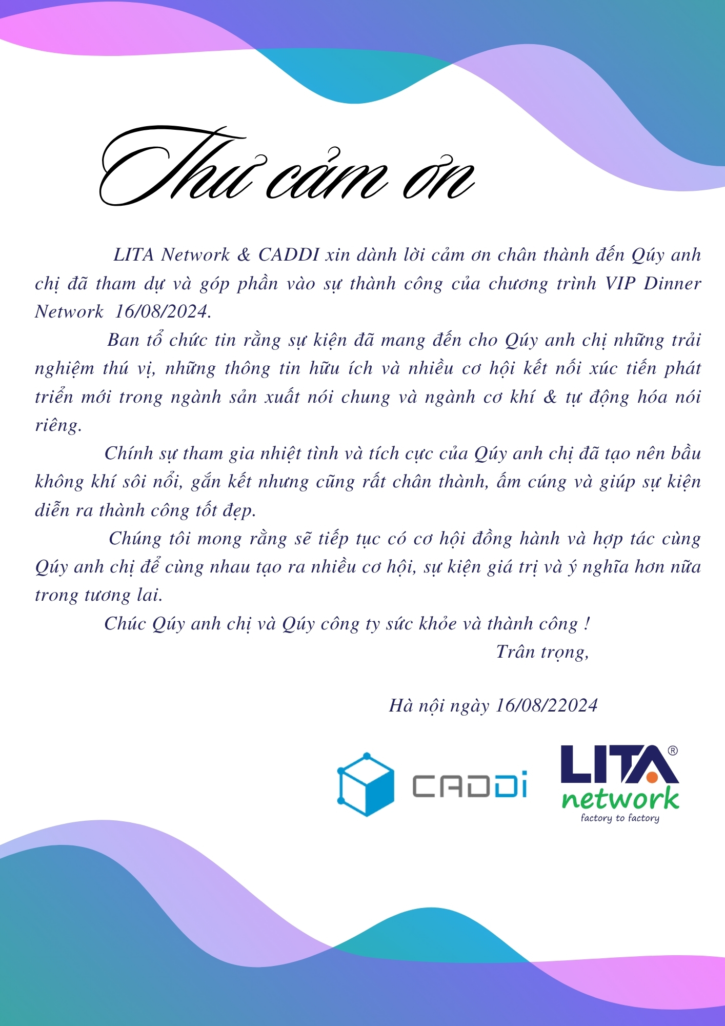 LITA Network trân trọng cảm ơn các nhà máy tham dự sự kiện Vip Dinner Network 16/08/2024